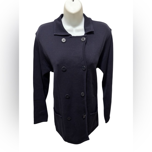 VTG Field Manor 100% Merino Wool Double Breasted Navy Sweater Jacket Blazer Sz 8 - Picture 4 of 6